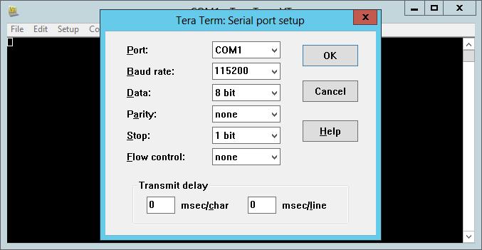 (Depend on which COM port used on Host) For Baud rate, select 115200. For Data, select 8 bit. For Parity, select none. For Stop, select 1 bit.