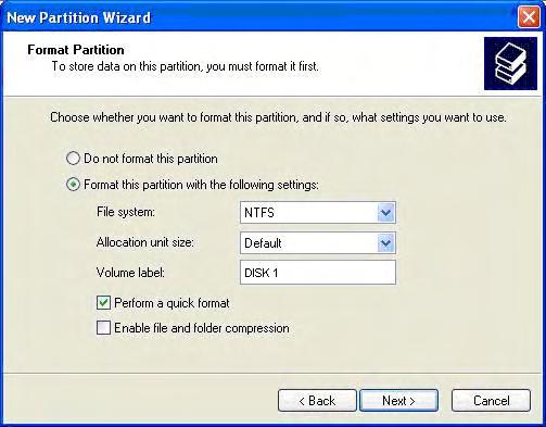 9. Click Format this partition with the following settings and Perform a quick format, select the File system, Allocation unit