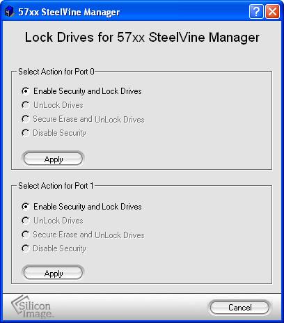 The various radio buttons and pre-selected items will vary depending on the current Drive Locking state of the hard drive(s). 4.