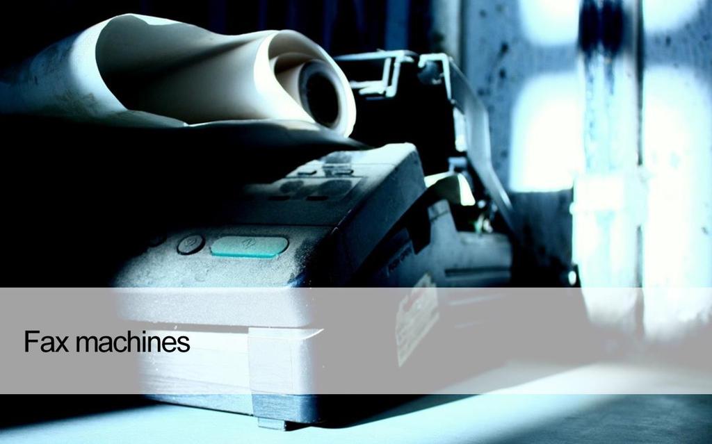 Fax machines, sometimes called telecopying or telefax, print material (both text and images) to another fax machine using the telephone network. They include a scanner.