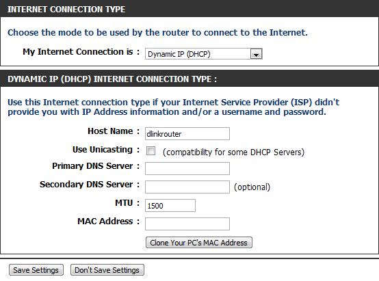 My Internet Connection: Dynamic (Cable) Select Dynamic IP (DHCP) to obtain IP Address information automatically from your ISP. Select this option if your ISP does not give you any IP numbers to use.