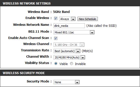 802.11ac/n/a (5GHz) Enable Wireless: Schedule: Wireless Network Name: 802.