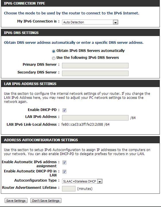 IPv6 Manual Setup There are several connection types to choose from: Auto Detection, Static IPv6, Autoconfiguration (SLAAC/DHCPv6), PPPoE, IPv6 in IPv4 Tunnel, 6to4, 6rd, and Link-local.