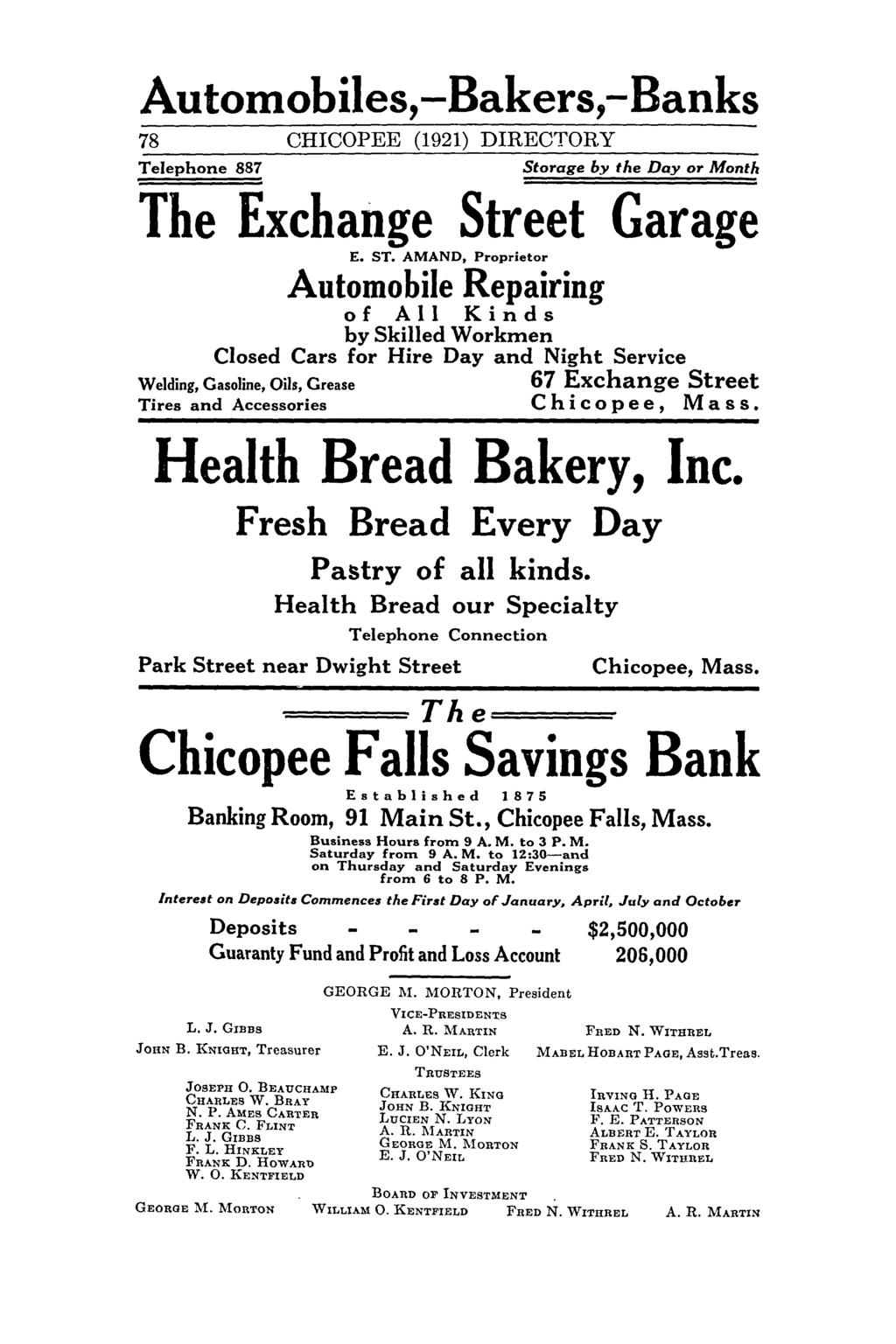 AutoInobiles,-Bakers,-Banks 78 CHICOPEE (1921) DIRECTORY Telephone 887 Storage by the Day or Month The Exchange Street Garage E. ST.