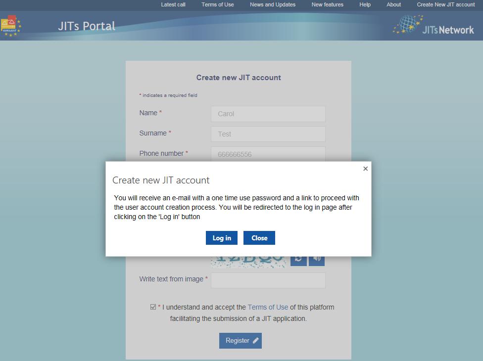 JITs Portal 21 After reading and accepting the terms and conditions of the JITs Portal, click the Register button.