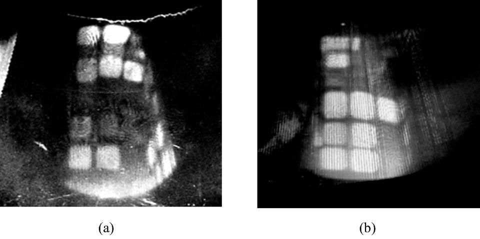 (d) Reconstructed image from a conical multiplex hologram under white-light line-source illumination. (d) Fig. 8. Reconstructed image for the case with (R/2 = 7 cm) using computer simulation.