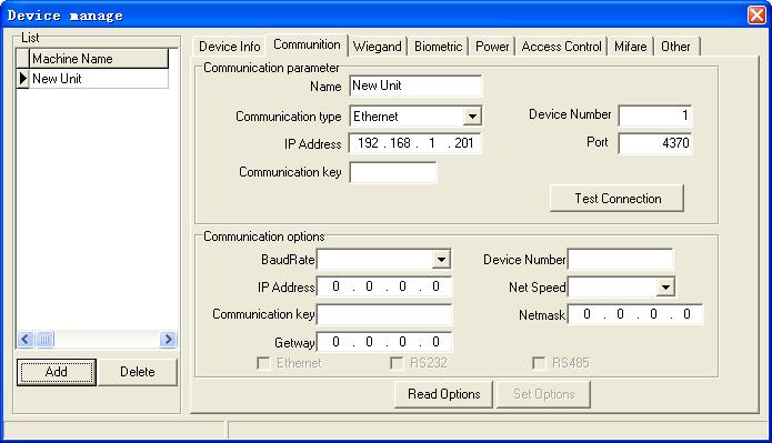 2) In IP address column, input the device s IP address 192.168.1.201 (default address) and click the button Test Connect.