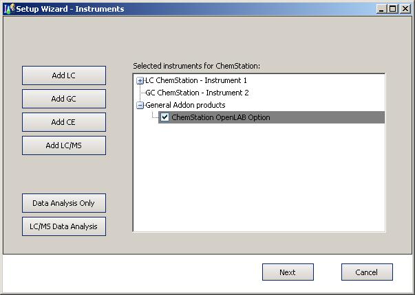 2 Installation Installation Tasks on the ChemStation Computer To add instruments 1 In the Setup Wizard - Instruments dialog, click the Add buttons to add the required instruments.