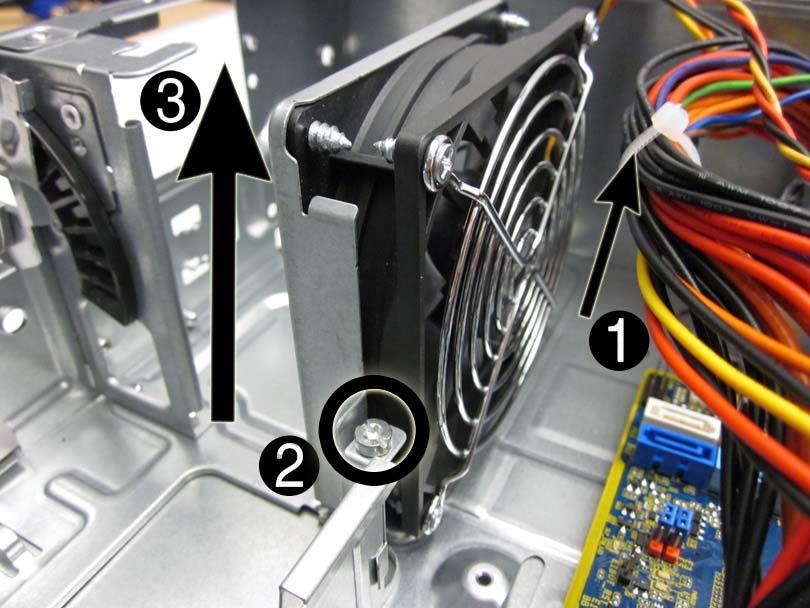 Fan Assembly Description Spare part number Fan 656834-001 The fan assembly is attached to the inside floor of the chassis using two screws. The fan is inside of a removal metal cage. 1.