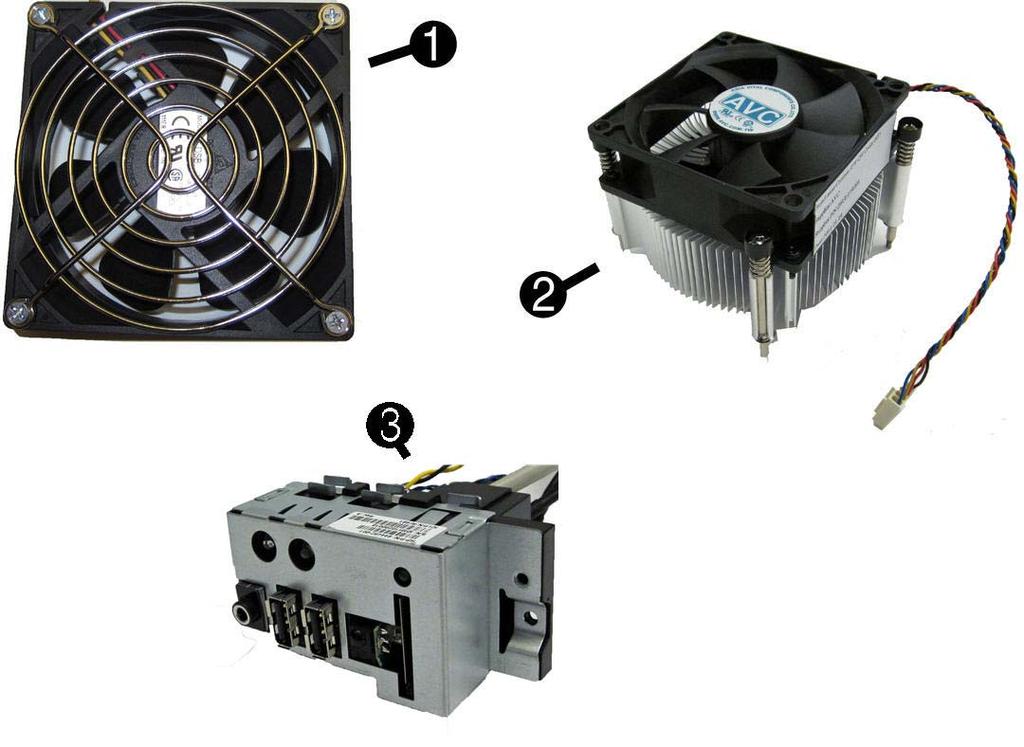 Misc Parts Item Description Spare part number (1) Chassis fan 656834-001 (2) Fan sink (includes replacement thermal material) 657402-001 (3) Front I/O and card reader (6-in-1) 656983-001 DVI to VGA