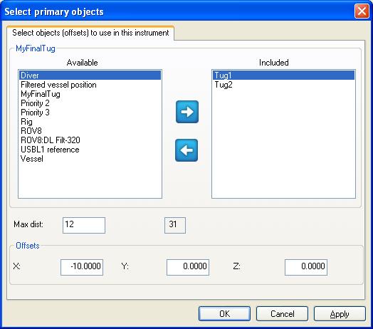 In this dialogue, you must select which primary objects to use (TUG 1 and TUG 2), and define the offset from the My Final TUG reference point to each of the primary objects.