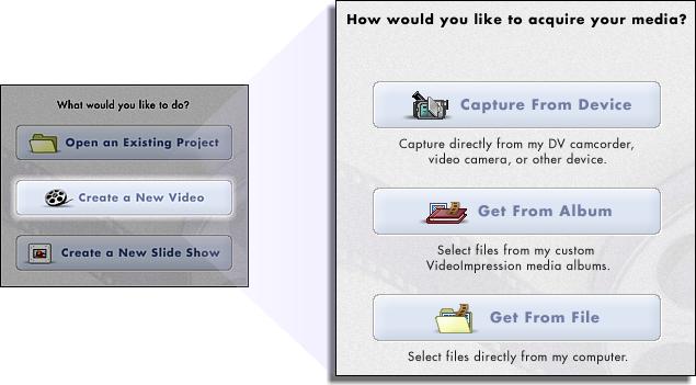2. Getting Started With VideoImpression When you first run the program, a window will appear that lets you choose the type of project you want to make (you can also open previously saved projects).