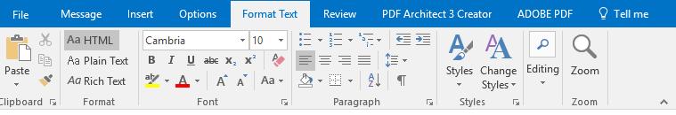 Format Text Tab The Format Text tab appears after choosing New Email in the Home tab and gives you control over how the text in your message will appear by changing the font, paragraph settings,