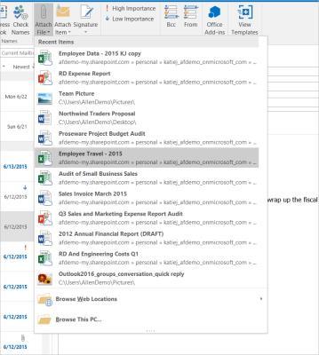 Recent Attachments One of the most useful new features in Outlook 2016 is the option to easily access recently opened files to attach to an email.