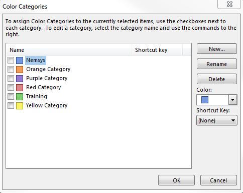 Customize Categories Outlook 2016 offers six default categories.
