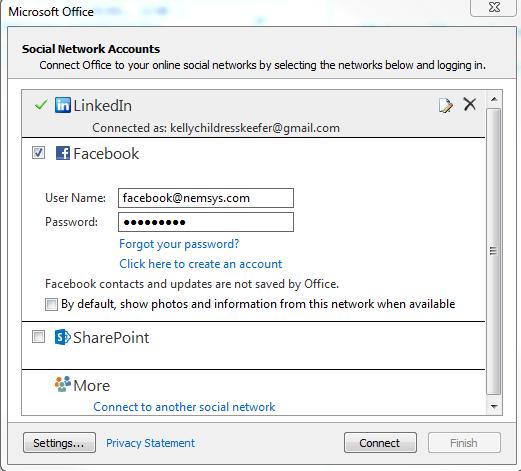 to connect to your outlook by check marking the box. Step 3: The box selected will expand, allowing you fields to input the User Name and Password to connect the account.