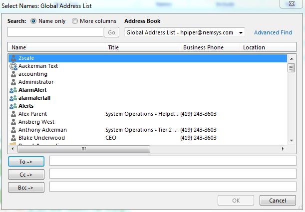 Step 2: Search for a contact using the search bar or browse through the contacts. Select a contact and click the To, CC.