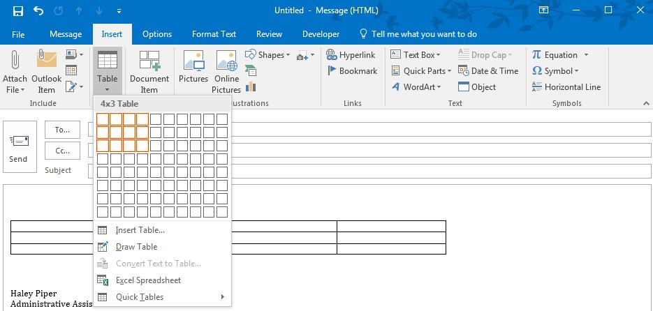 Table Button Table Grid Step 2: Click the square representing the lower-right corner of your table, which will create an actual table in your document and Outlook goes in table design mode giving