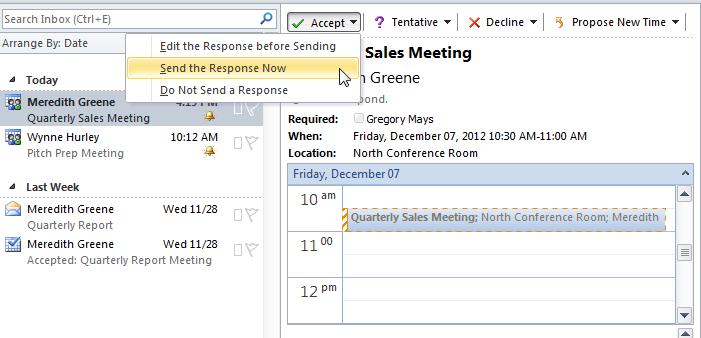 Whenever you request a meeting, you'll be sending an email message to the attendees. Enter attendees for the meeting into the To: field as you would enter recipients in the Compose window of an email.