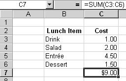 Point & Click and Typing Copy and paste your lunch menu, without the AutoSum formula/meal total, to a nearby location in the spreadsheet. Now let s create a formula by pointing and clicking.