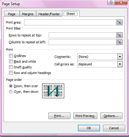 Sheet Tab: This tab contains four major options: Print Area: A Particular area in the sheet can be selected for printing.