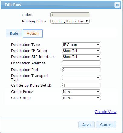 Configuration Note 4. Configuring AudioCodes E-SBC Figure 4-41: Configuring IP-to-IP Routing Rule for S4B to ShoreTel Action tab 4.