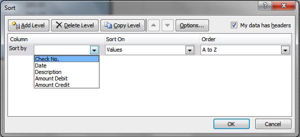First, select all the cells that represent the data to be sorted, including the header descriptions. Then, select the first cell in Row 1.