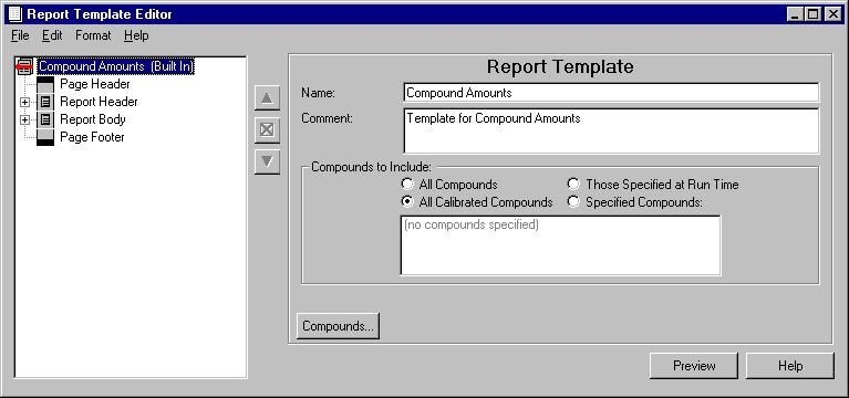 The Report Template Editor is an application that is available by clicking the left icon under the name of the report (Compound Amounts [(built-in)] in the figure below) or choosing a menu item from