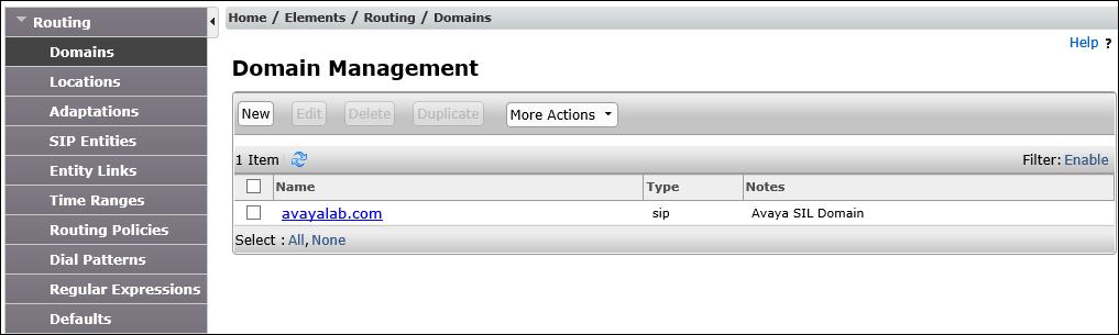 5.1. SIP Domain Step 1 - Select Domains from the left navigation menu. In the reference configuration, domain avayalab.com was defined. Step 2 - Click New (not shown).