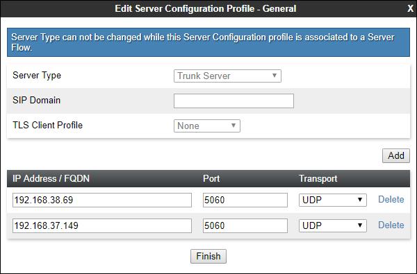 7.3.5. Server Configuration AT&T Note The AT&T IPFR-EF service may provide a Primary and Secondary Border Element. This section describes the connection to a single (Primary) Border Element.