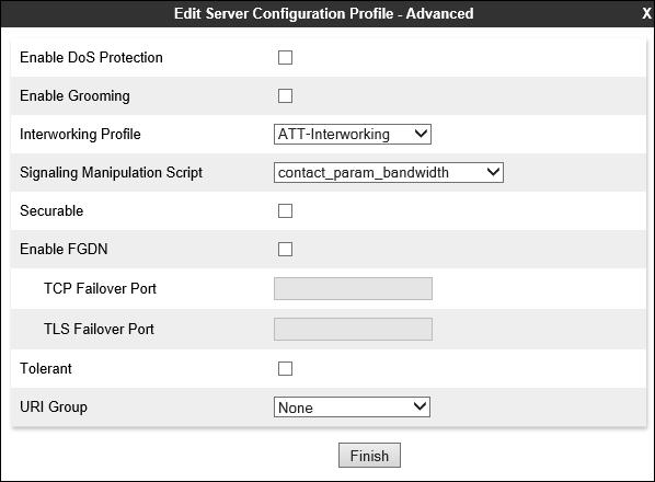 Step 4 - On the Advanced window, enter the following. Select ATT-Interworking (created in Section 7.3.