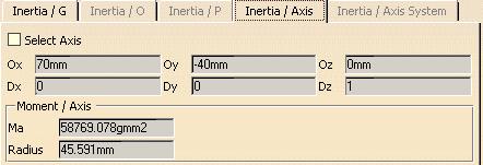 The Inertia / Axis tab in the Measure Inertia dialog box becomes available. 3. Click the Inertia / Axis tab. 4. Select the Select axis checkbox. 5.