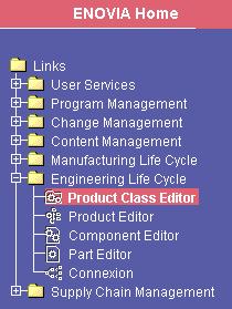 Page 268 5. In ENOVIA Home panel, select the Engineering Life Cycle folder and double-click the Product Class Editor bookmark. The Product Class View panel is displayed. 6.