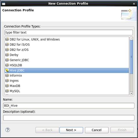 1. iway Big Data Integrator Getting Started Lab The New Connection Profile wizard opens, as shown in the following image. 2.