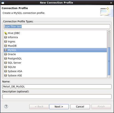 Configuring a MySQL Database Connection The New Connection Profile wizard opens, as shown in the following image. 2.