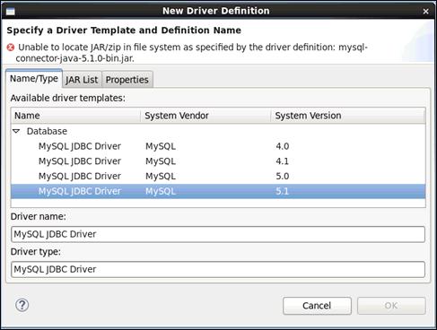 Configuring a MySQL Database Connection The New Driver Definition pane opens, as shown in the following