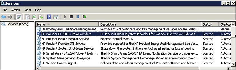 Verifying Installation of the ProLiant DL980 System Providers You can confirm the presence of the DL980 System Providers on systems running Windows Server 2008 R2 by looking at the Windows Services