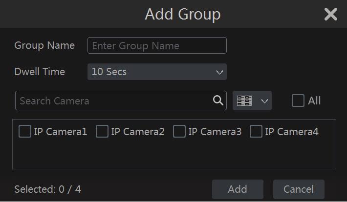 Click to pop up the window as shown below. Set the group name and dwell time (the dwell time of the camera group sequence view) in the window.