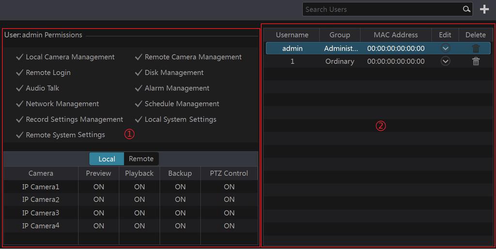 shown below. Area 1 displays the user permissions. Area 2 displays the user list. Click the user in the list to display its user permissions in area 1.
