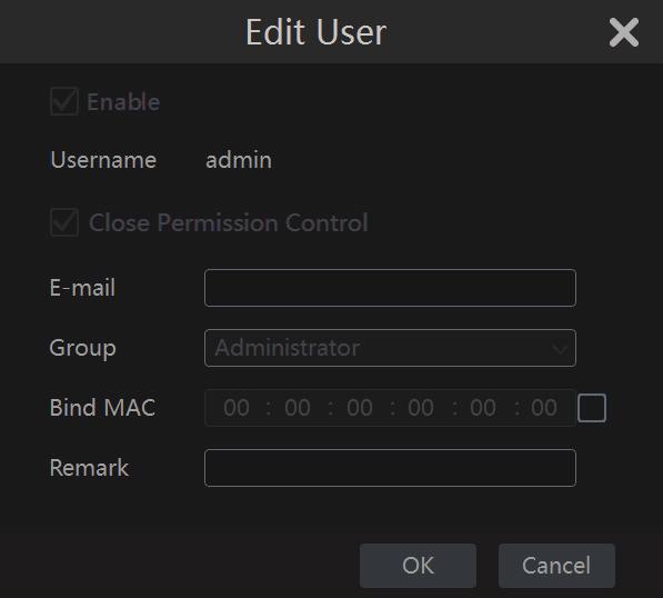 Ø Edit User Click Edit User to pop up the window as shown below. The admin is enabled, its permission control is closed and permission group cannot be changed by default.