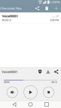 Play Button Tap here to play (or pause) your recording. Volume Button Tap here to control the volume. Recorded Voice Memo Screen Trim Icon Tap here to trim the recording.