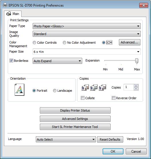 Various Print Functions C On the Main screen, select ICM in Color Management, and then click Advanced. D Select ICM Mode.