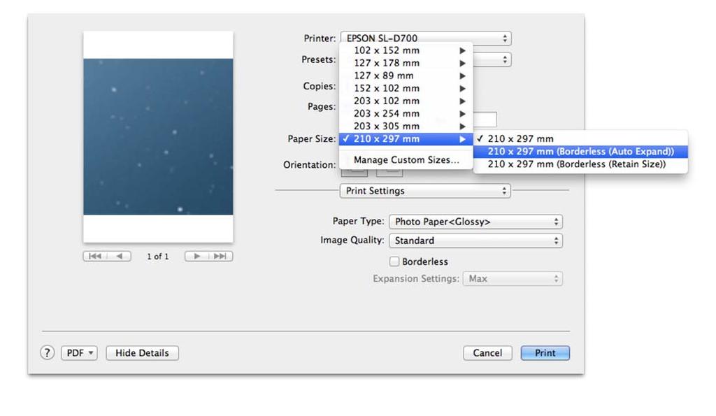 Various Print Functions D Select Auto Expand or Retain Size as the borderless method. When Auto Expand is selected, set the slider to set the amount of enlargement.