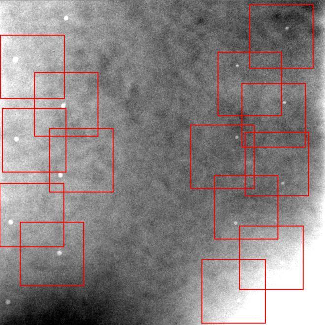 Figure 2. Example radiograph with 300 µm and 200 µm holes. The image is high-pass filtered and contrast enhanced for clarity.