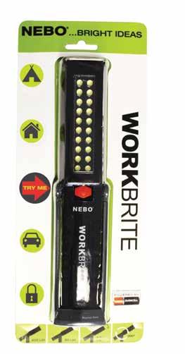 This work light is equipped with a 220 lumen C O B LED work light, a 120 lumen flashlight and a rear, emergency red flasher LED.
