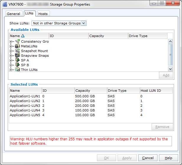 Figure 9. VNX Unisphere, VNX Storage Group properties window When creating LUNs on the Unity system, it is suggested that you provide meaningful names to each of the LUNs as to eliminate confusion.