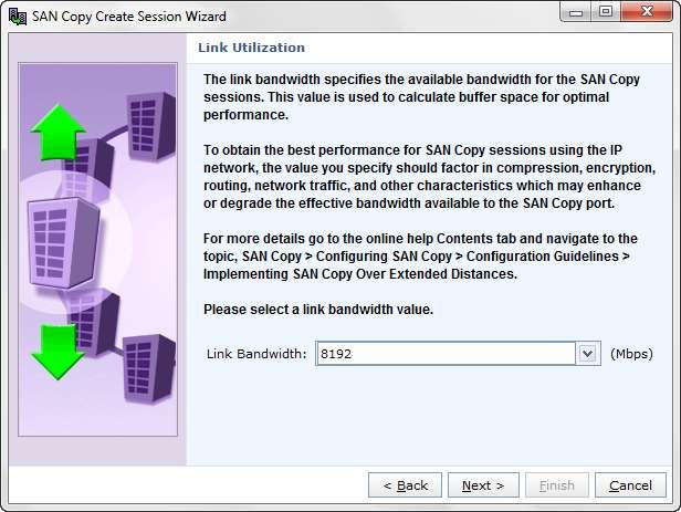 Figure 26. VNX Unisphere, SAN Copy Create Session Wizard. Link utilization step STEP 16 In the Session Names step each session being created is listed.