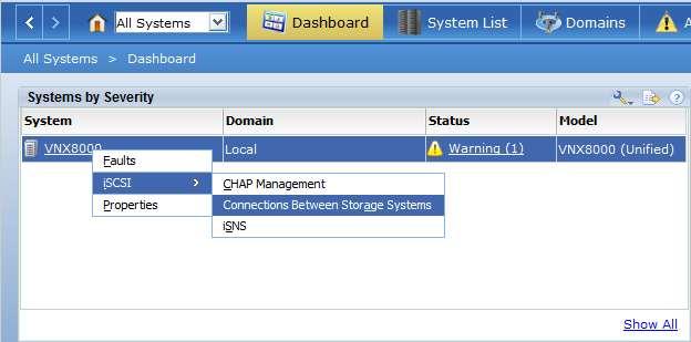 Once on the Dashboard page, right-click the system name, hover over iscsi, and then select Connections Between Storage Systems. An example of this process in shown in Figure 5.