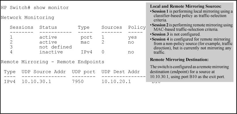 If a remote mirroring endpoint is configured on the switch, the following information is displayed. Otherwise, the output displays: There are no Remote Mirroring endpoints currently assigned.