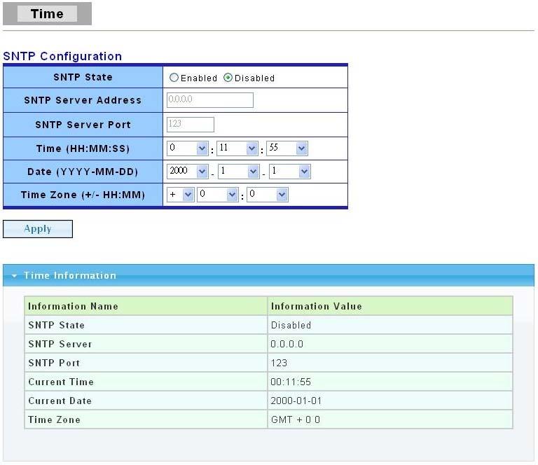 SNTP State SNTP Server Address SNTP Server Port Time (HH:MM:SS) Date (YYYY-MM-DD) Time Zone Select Enable to use Simple Network Time Protocol (SNTP) or Disable to set the time manually.